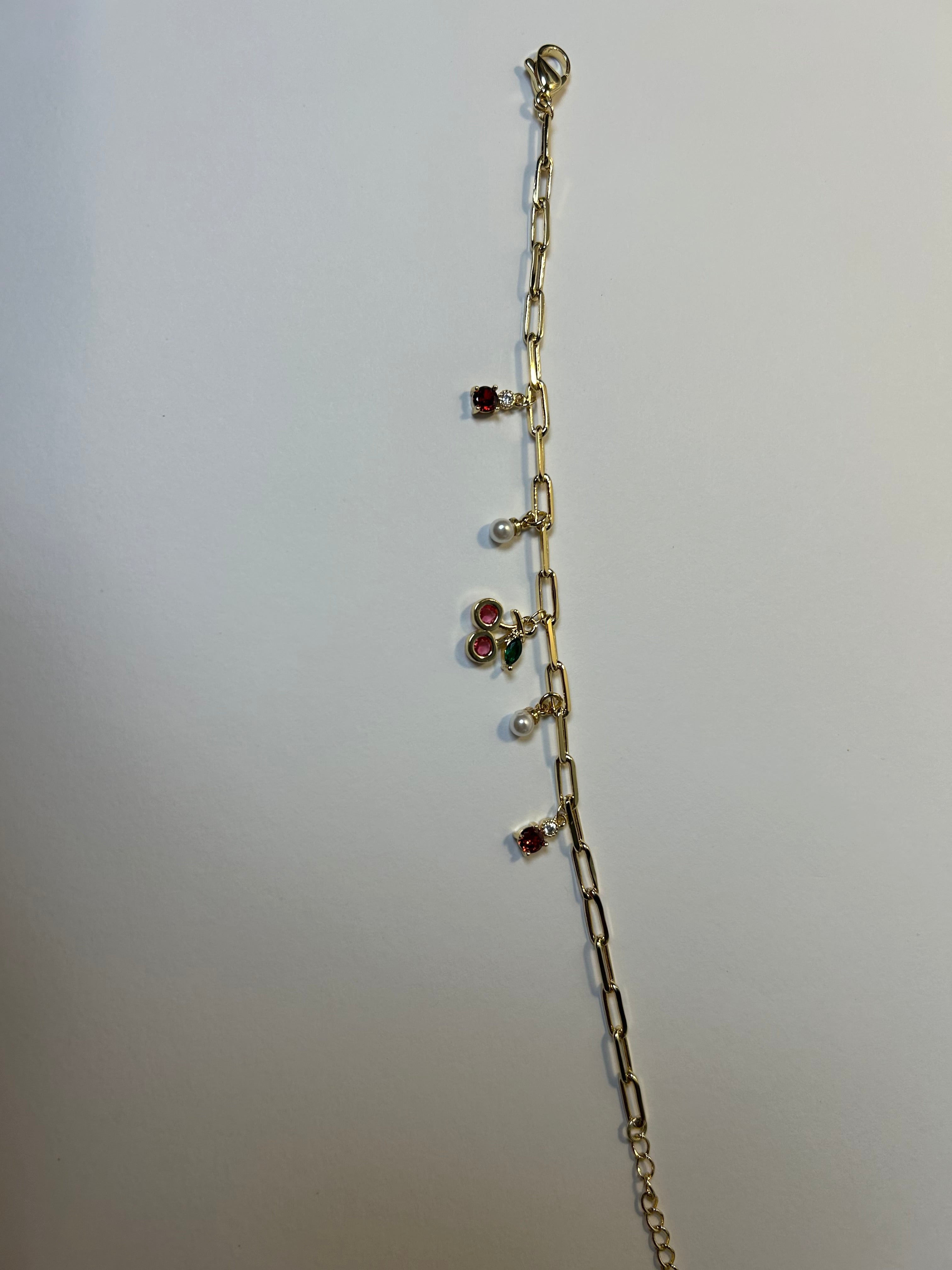 Gold Paperclip Chain Bracelet with Cherry & Pearl Charms