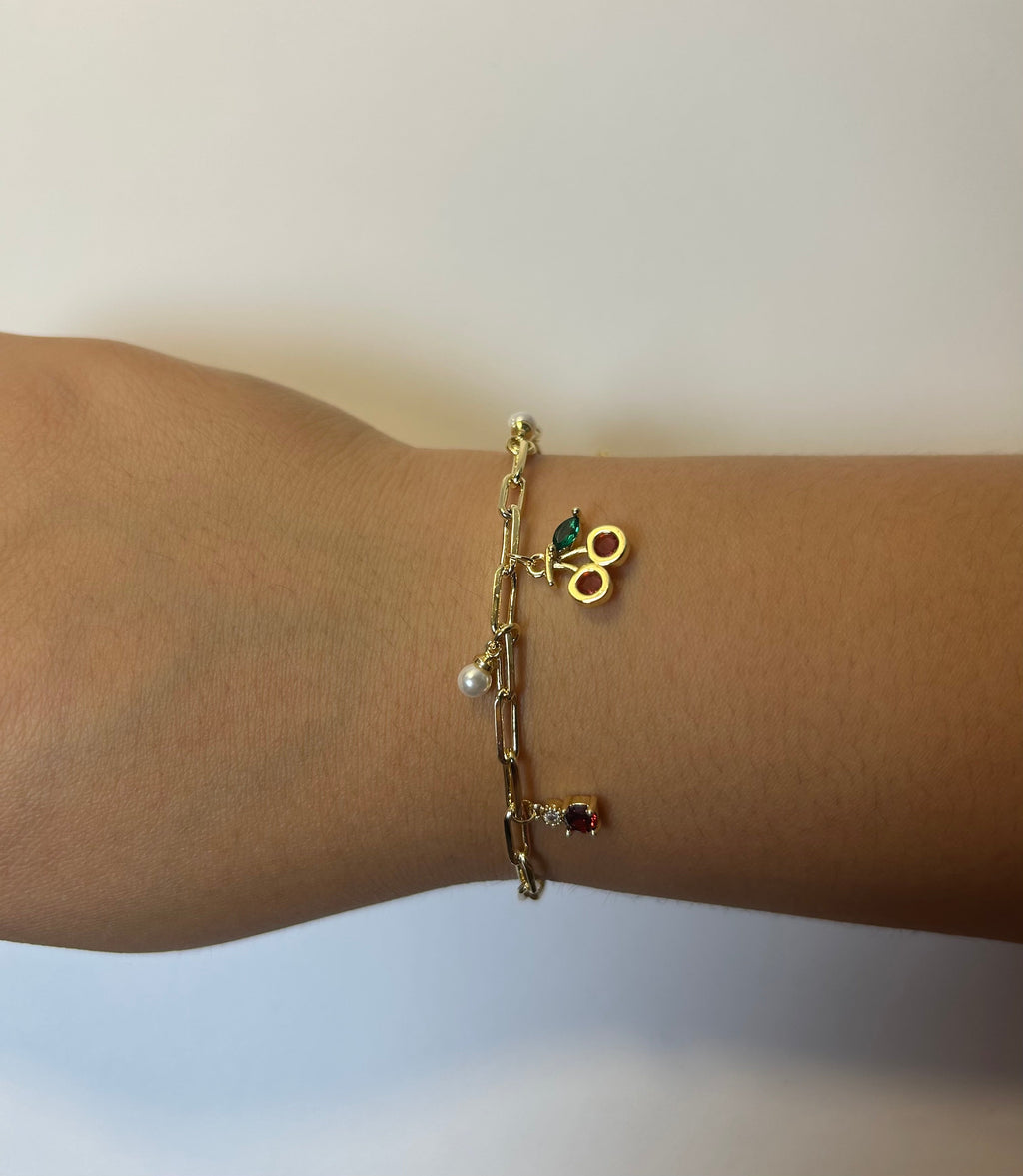 Gold Paperclip Chain Bracelet with Cherry & Pearl Charms