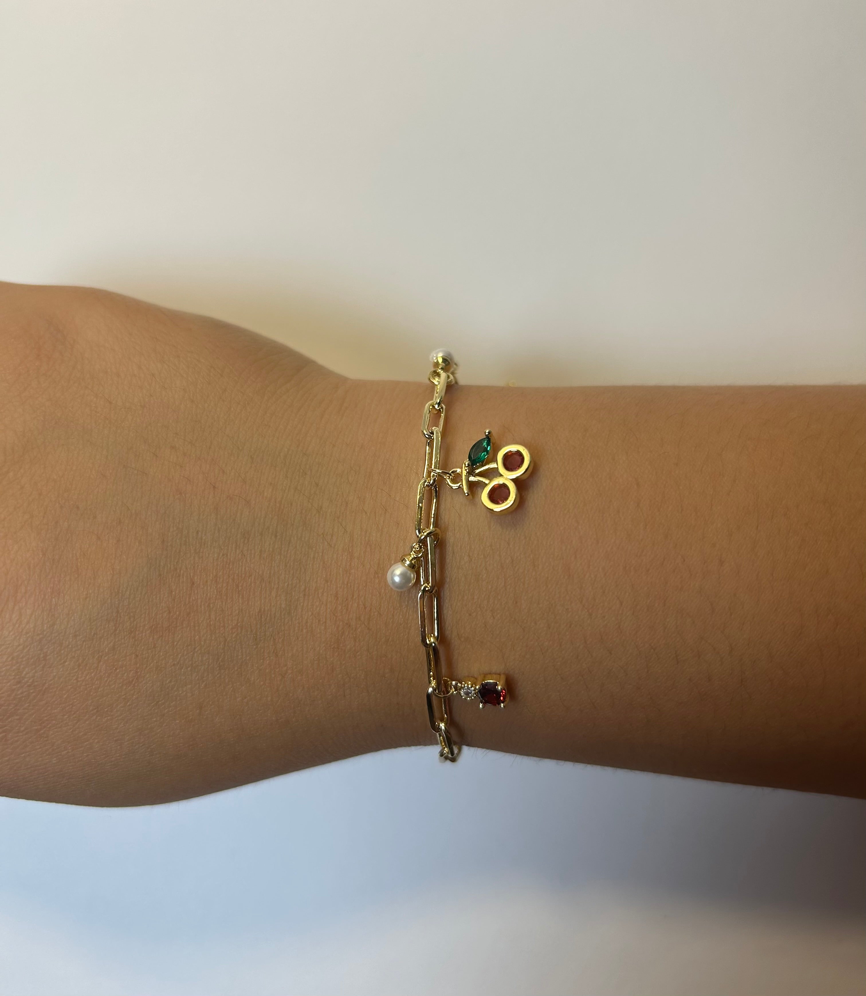 Gold Paperclip Chain Bracelet with Cherry & Pearl Charms