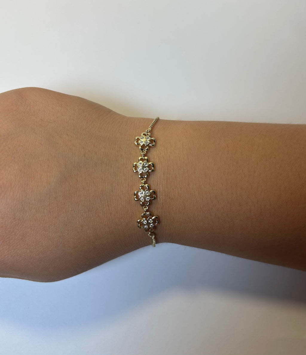 Gold CZ Flower Link Bracelet