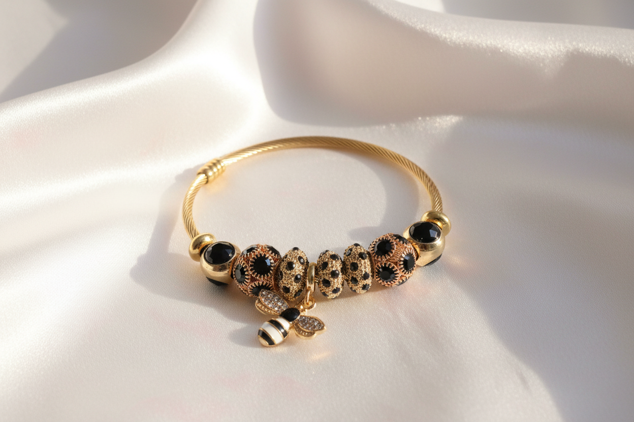 Black Crystal Owl Charm Bangle Bracelet