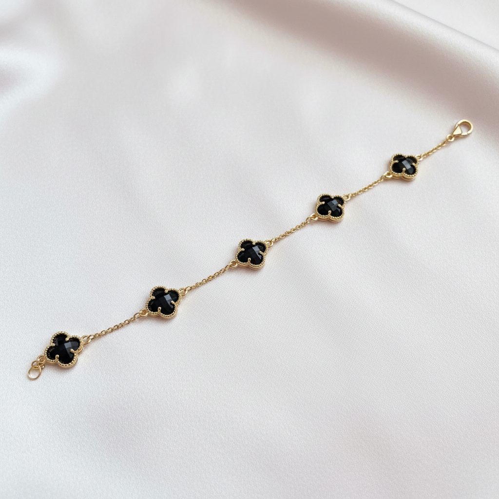 Black Onyx Clover Bracelet Flat Lay