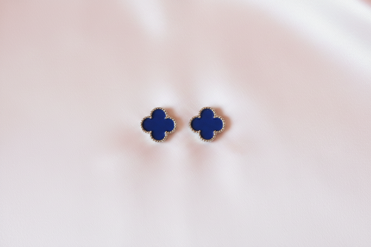 Blue Clover Silver Earrings Flat Lay