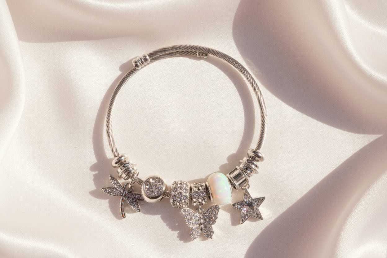 Crystal Dragonfly & Star Charm Bangle Bracelet