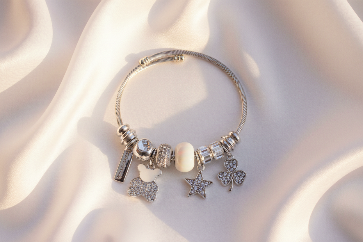Crystal Teddy & Star Charm Bangle Bracelet