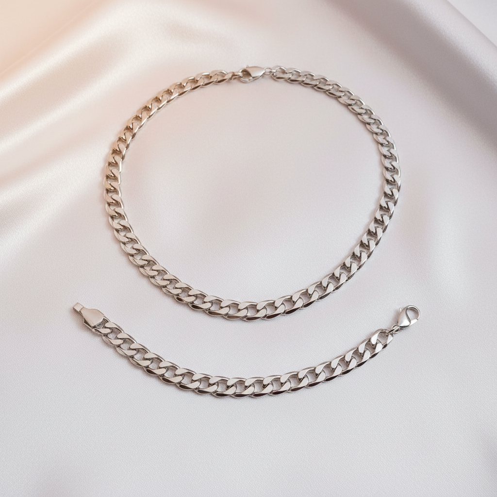 Cuban Link White Gold Set - Flat Lay