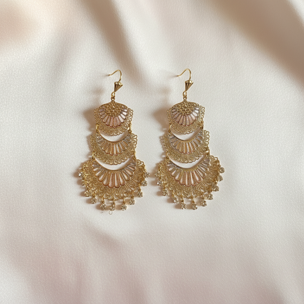 Flat lay — Aretes Chandelier Escalonados Dorados