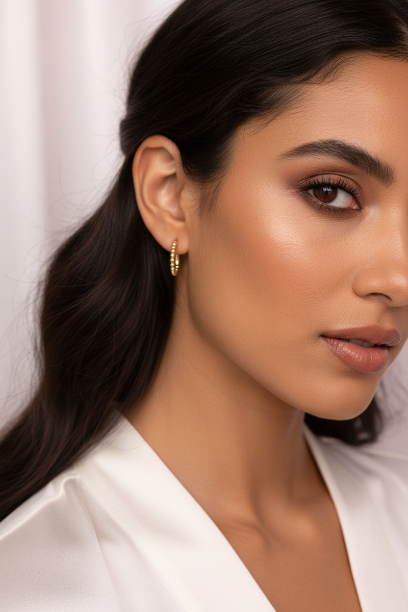 Gold Beaded Huggie Hoop Earrings Model Photo