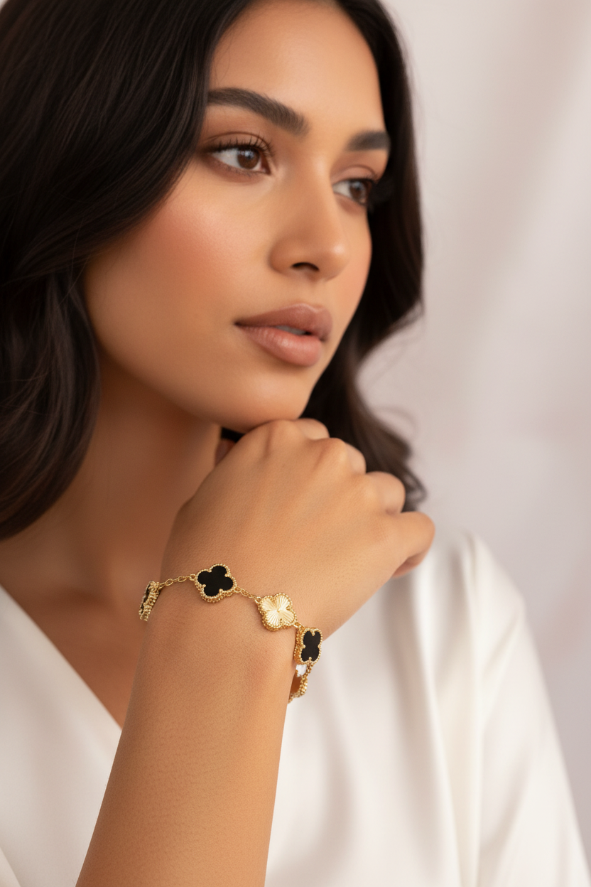 Gold Black Clover Bracelet on Model