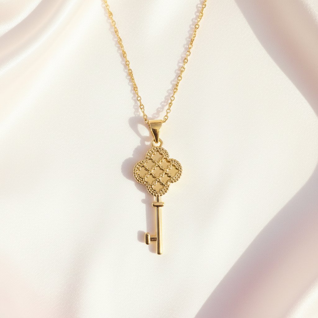 Gold Clover Key Pendant Flat Lay