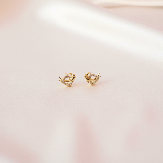 Gold Dolphin Heart Stud Earrings Flat Lay
