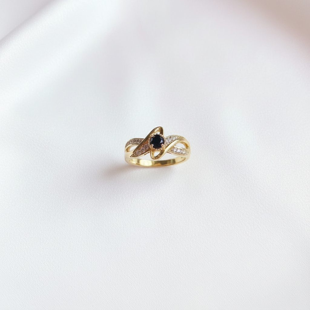 Gold Floral Bow Black Stone Ring