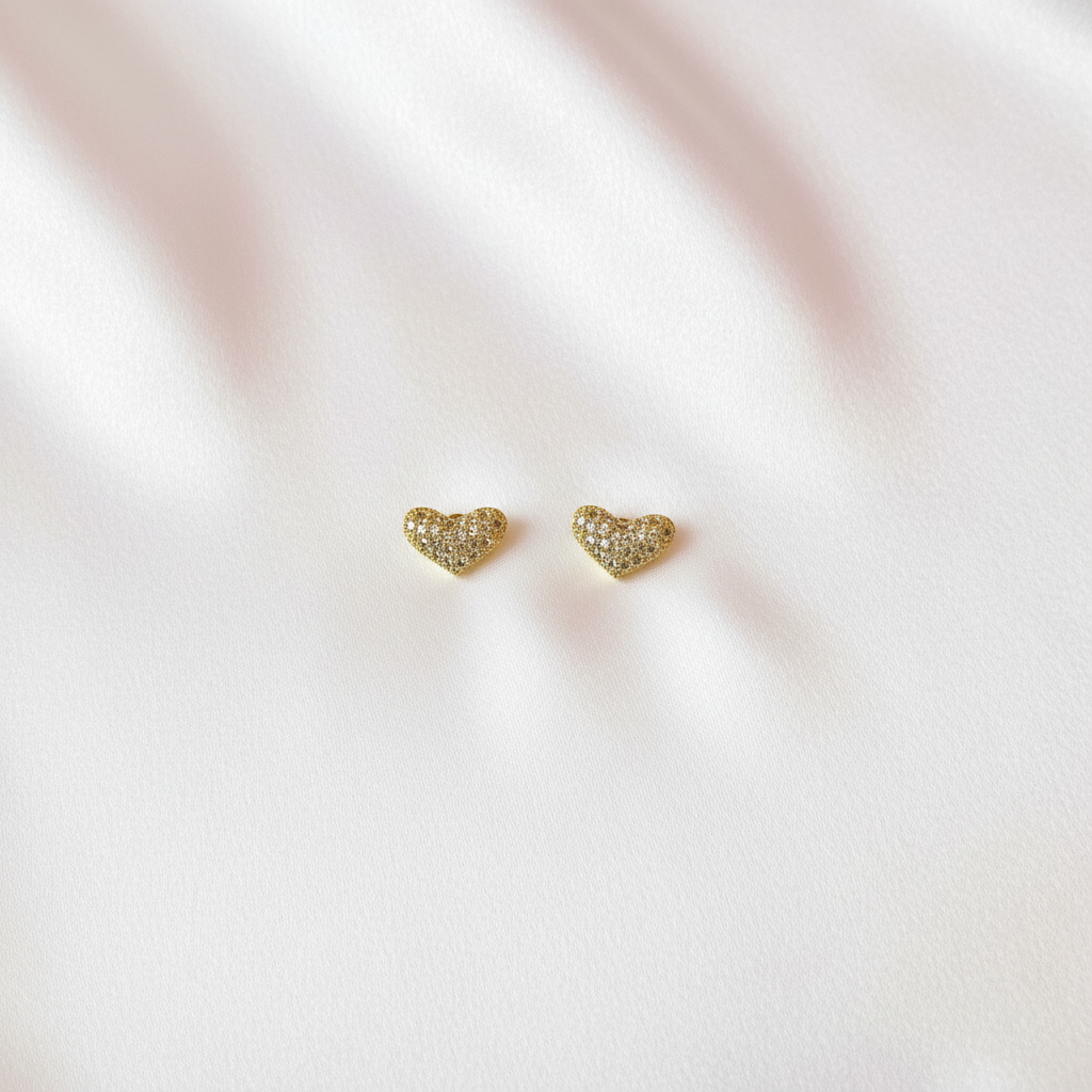Gold Pavé Heart Stud Earrings Flat Lay
