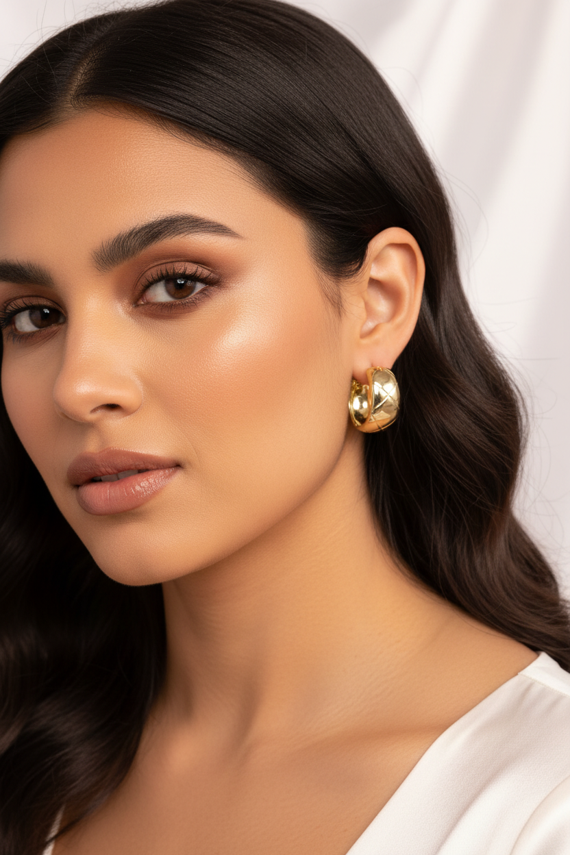 Gold Quilted Huggie Hoop Earrings Model Photo