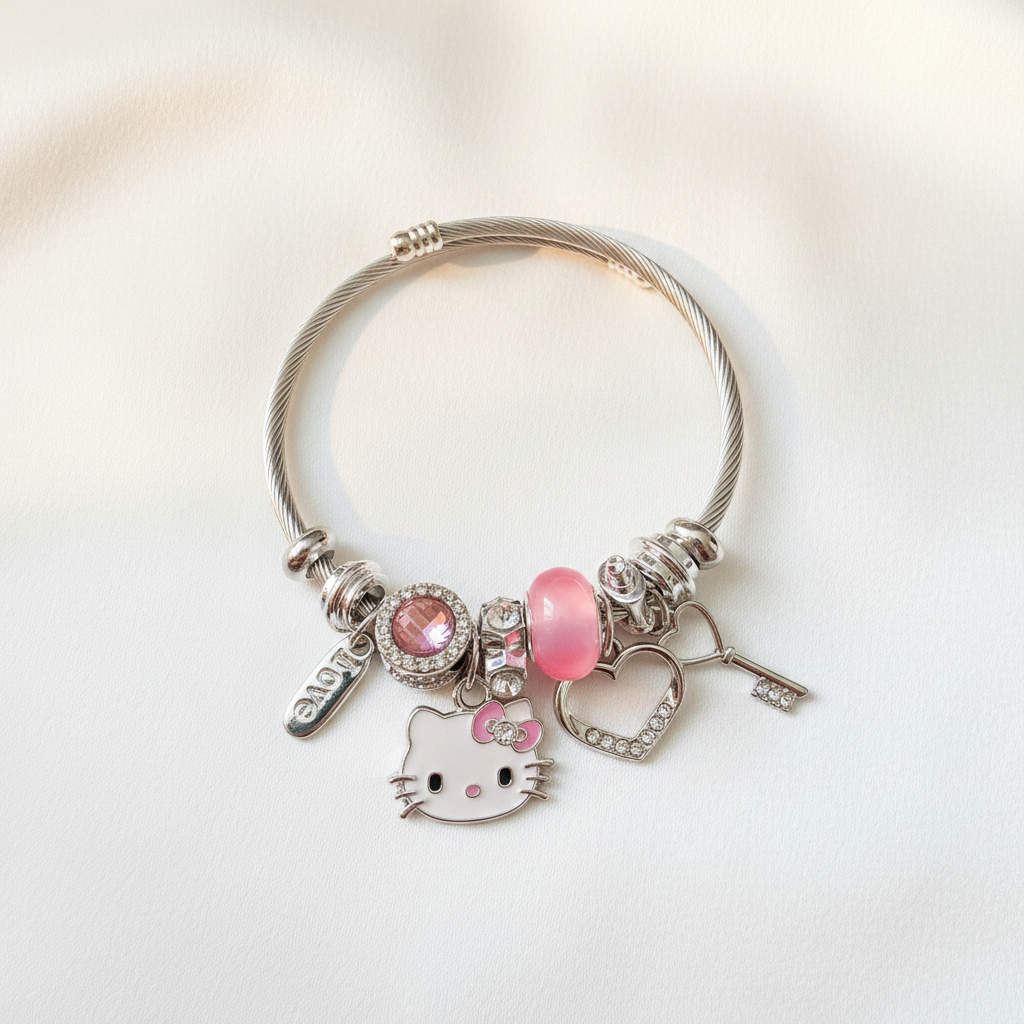 Hello Kitty Charm Bracelet Pink Flat Lay