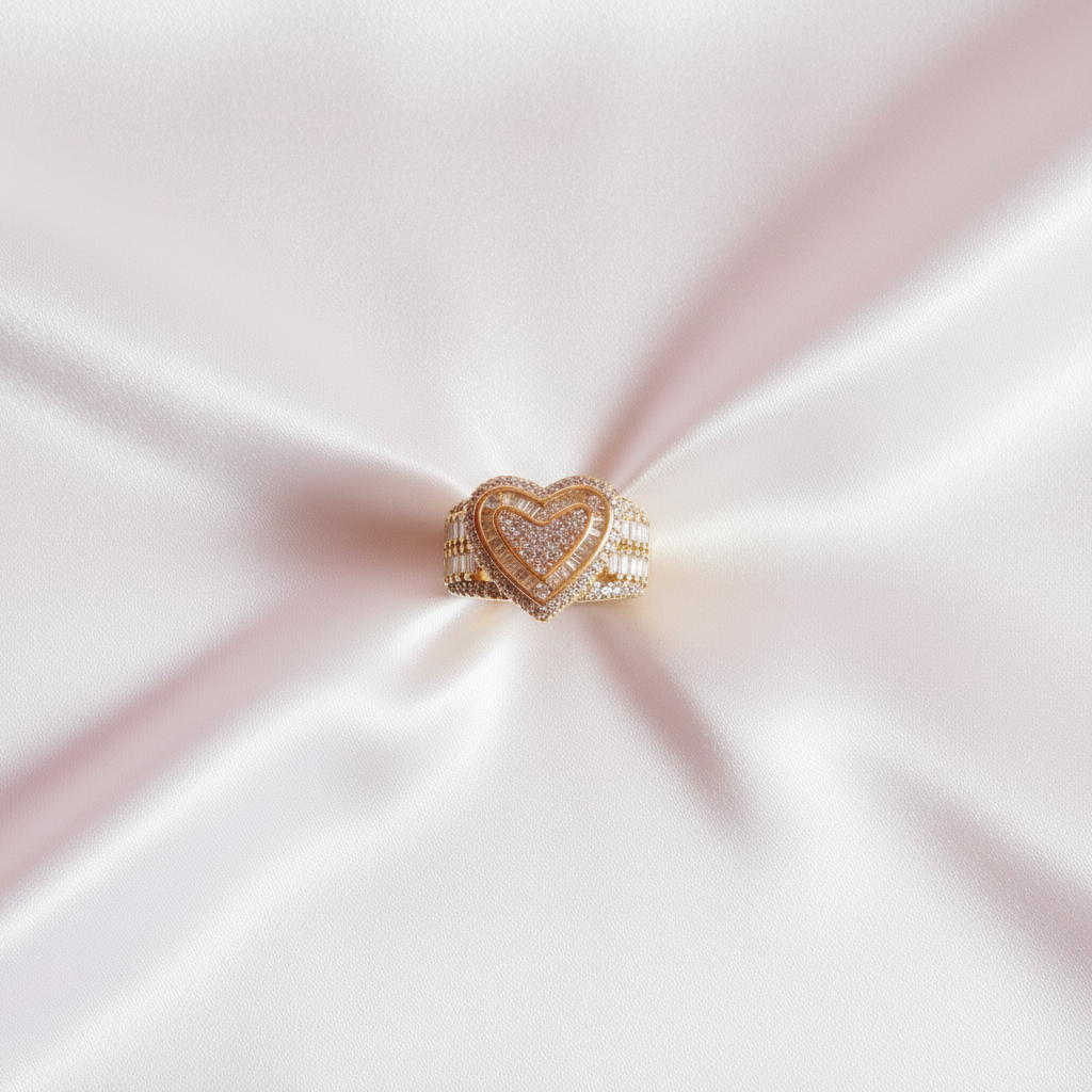Iced-Out Heart Ring Flat Lay