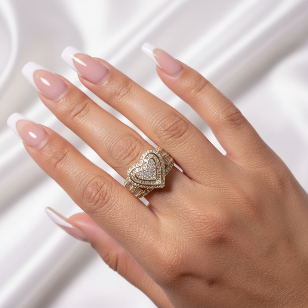 Iced-Out Heart Ring On Model