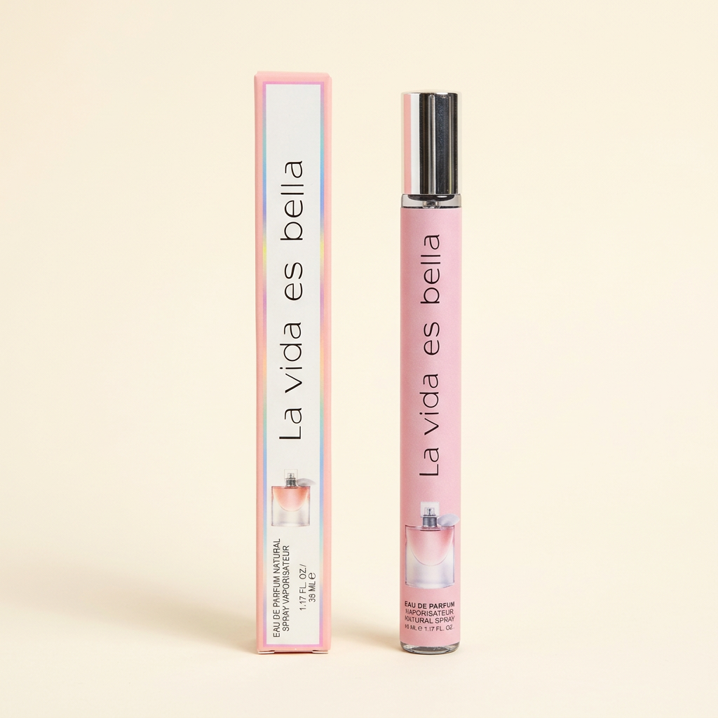 Pink La Vida Es Bella perfume bottle and matching box on a warm ivory background