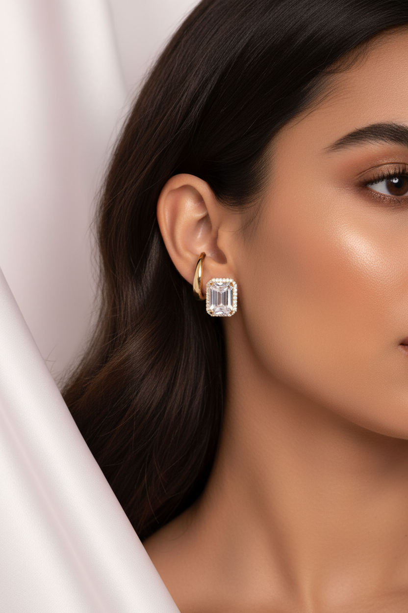 Model wearing Arete Cuff Cristal Dorado gold layered crystal ear cuff