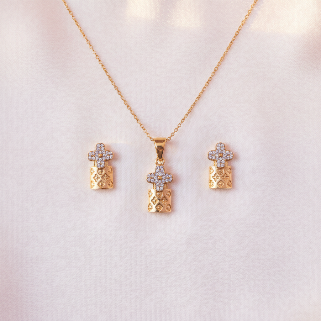 Teddy Bear Crystal Necklace & Earring Set - Gold Layered