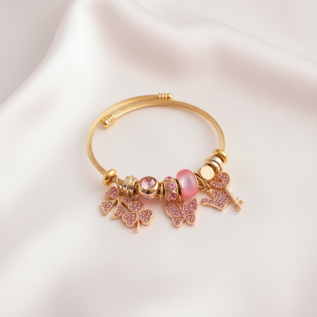 Pink Gold Charm Bracelet Flat Lay