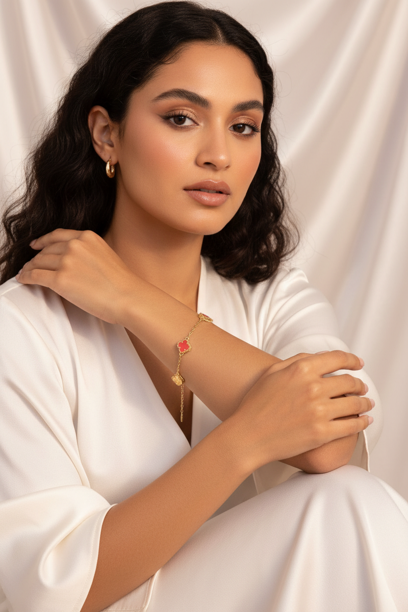 Red & Gold Clover Bracelet on Model