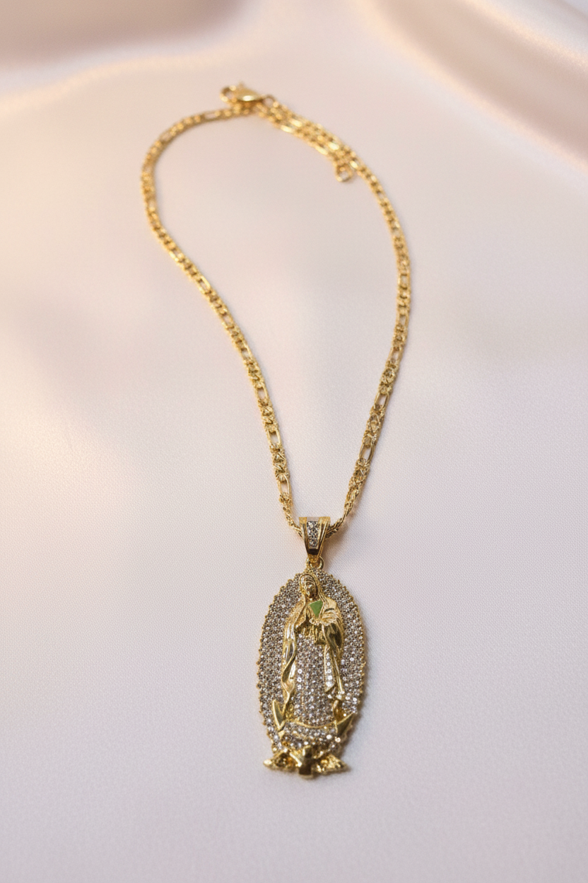 Virgin Mary Necklace Flat Lay