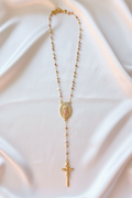 Virgin of Guadalupe Rosary Necklace Flat Lay 24"